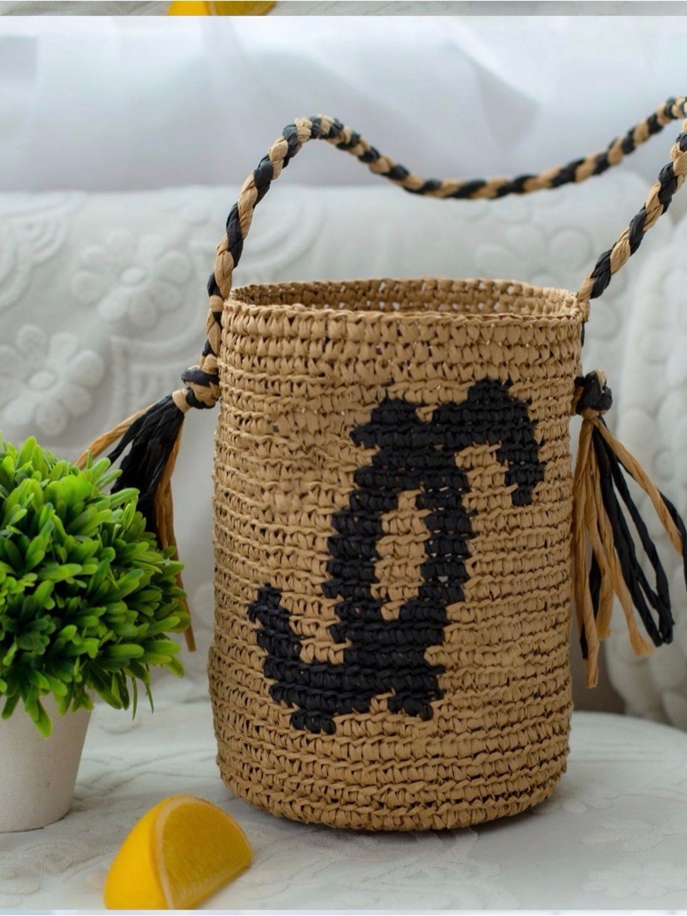 Handwoven Straw Bucket Bag with Black Accent